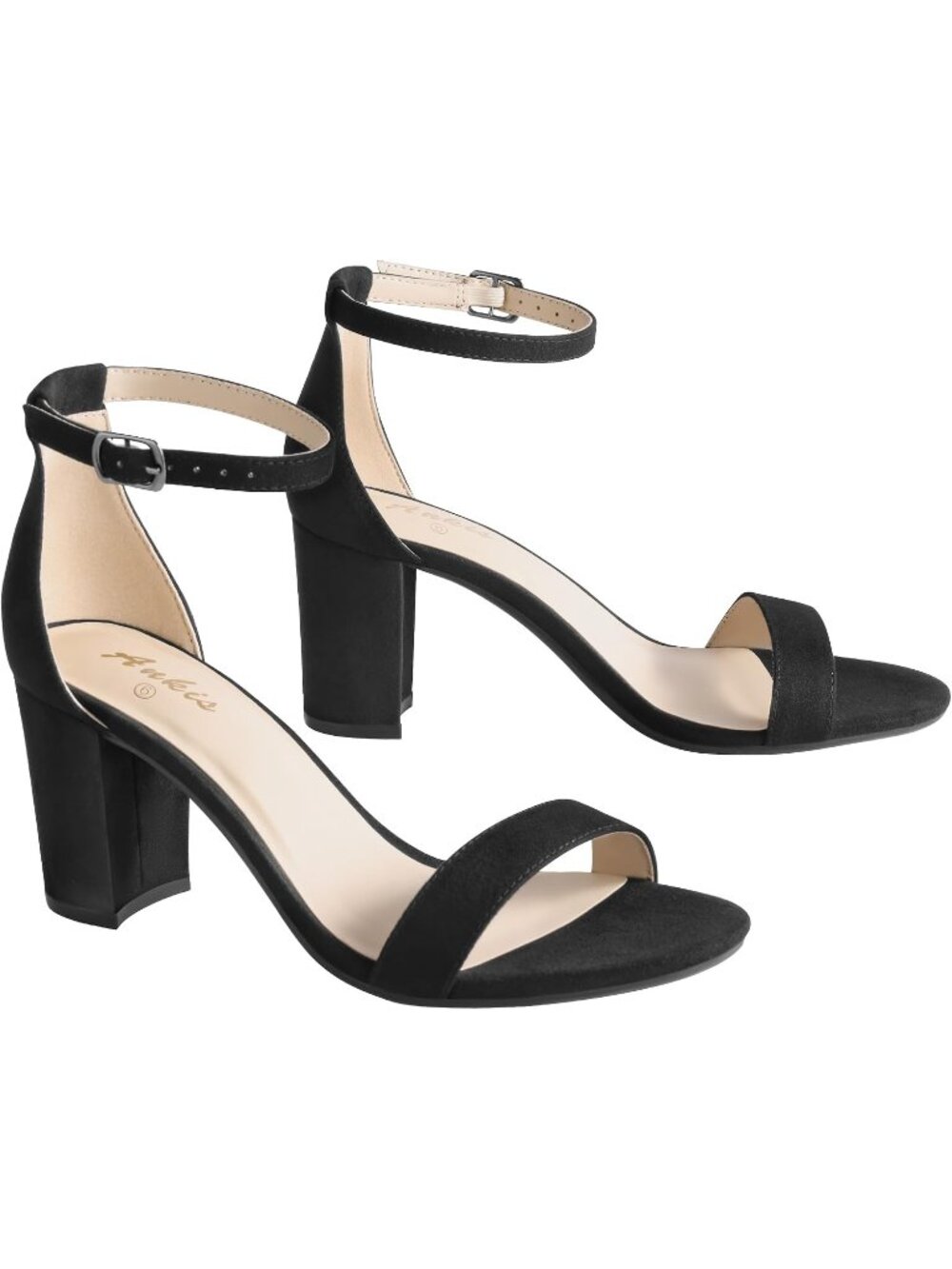 Womens Black Suede Open Toe Ankle Strap 2.75 Inch Heel Chunky Heeled Sandal